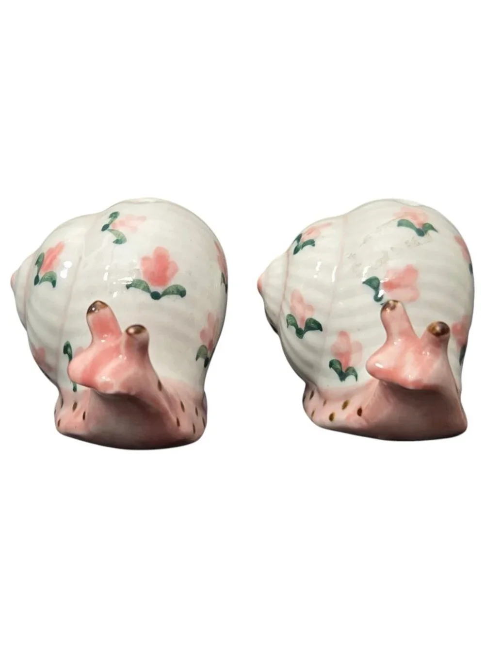 Vintage Snail Salt Pepper Shaker Set Pink Green Dots Floral Kitsch Whimsical
